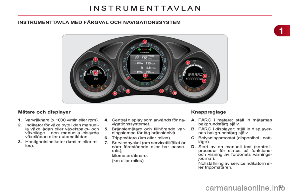 CITROEN C4 2013  InstruktionsbÖcker (in Swedish) 1
31 
INSTRUMENTTAVLA MED FÄRGVAL OCH NAVIGATIONSSYSTEM
   
 
1. 
  Varvräknare (x 1000 v/min eller rpm). 
   
2. 
  Indikator för växelbyte i den manuel-
la växellådan eller växelspaks- och 
v