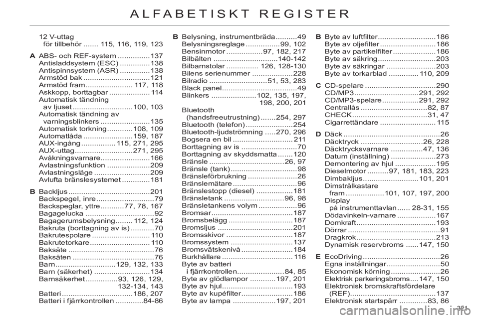 CITROEN C4 2013  InstruktionsbÖcker (in Swedish) 321 
ALFABETISKT REGISTER
 12 V-uttag 
för tillbehör ....... 115, 116, 119, 123
A  ABS- och REF-system ...............137
 Antisladdsystem (ESC) ..............138
 Antispinnsystem (ASR) ............