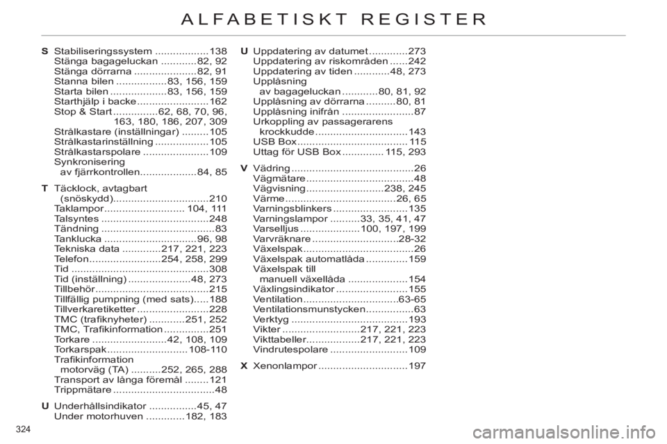 CITROEN C4 2013  InstruktionsbÖcker (in Swedish) 324 
ALFABETISKT REGISTER
S Stabiliseringssystem ..................138
  Stänga bagageluckan ............82, 92
  Stänga dörrarna .....................82, 91
  Stanna bilen .................83, 156