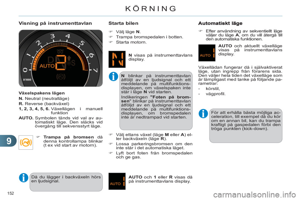 CITROEN C4 2011  InstruktionsbÖcker (in Swedish) 9
KÖRNING
152 
   Visning på instrumenttavlan 
 
 
Växelspakens lägen 
   
N. 
 Neutral (neutralläge) 
   
R. 
 Reverse (backväxel) 
   
1, 2, 3, 4, 5, 6. 
  Växellägen i manuell 
funktion 
  