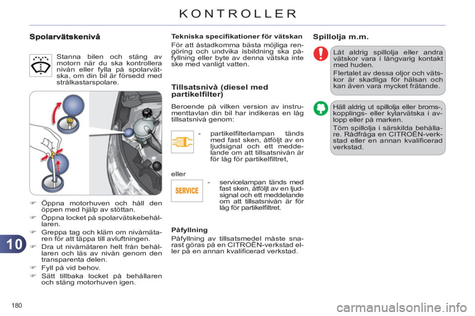 CITROEN C4 2011 InstruktionsbÖcker (in Swedish) 10
KONTROLLER
180
Spillolja m.m.
Låt aldrig spillolja eller andra
vätskor vara i långvarig kontakt
med huden.
Flertalet av dessa oljor och väts-
kor är skadliga för hälsan och
kan äv CITROEN C4 2011 InstruktionsbÖcker (in Swedish) 10
KONTROLLER
180
Spillolja m.m.
Låt aldrig spillolja eller andra
vätskor vara i långvarig kontakt
med huden.
Flertalet av dessa oljor och väts-
kor är skadliga för hälsan och
kan äv
