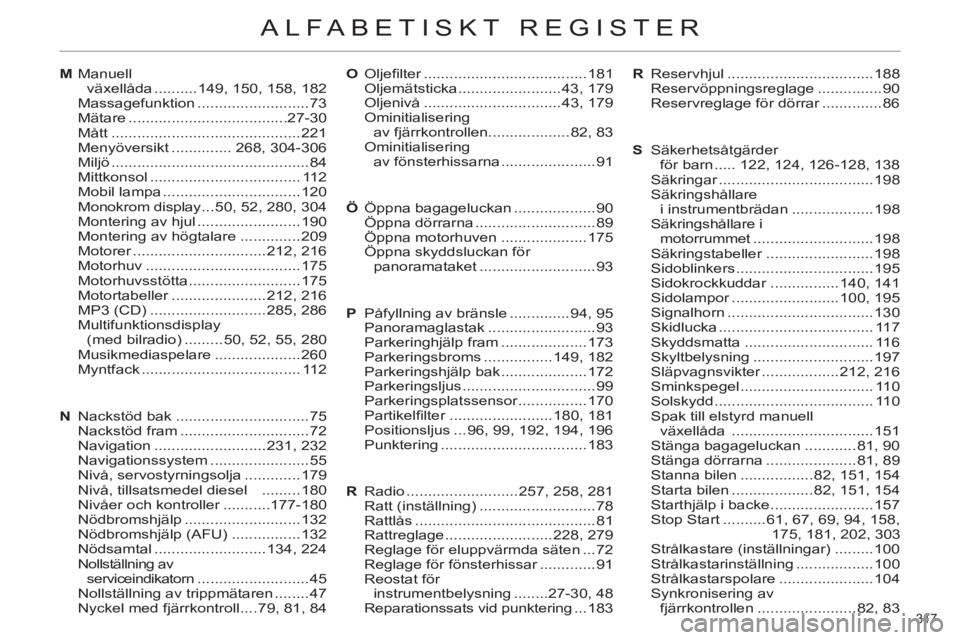 CITROEN C4 2011 InstruktionsbÖcker (in Swedish) 317
ALFABETISKT REGISTER
M Manuell
växellåda ..........149, 150, 158, 182
Massagefunktion ..........................73
Mätare .....................................27-30
Mått ................. CITROEN C4 2011 InstruktionsbÖcker (in Swedish) 317
ALFABETISKT REGISTER
M Manuell
växellåda ..........149, 150, 158, 182
Massagefunktion ..........................73
Mätare .....................................27-30
Mått .................