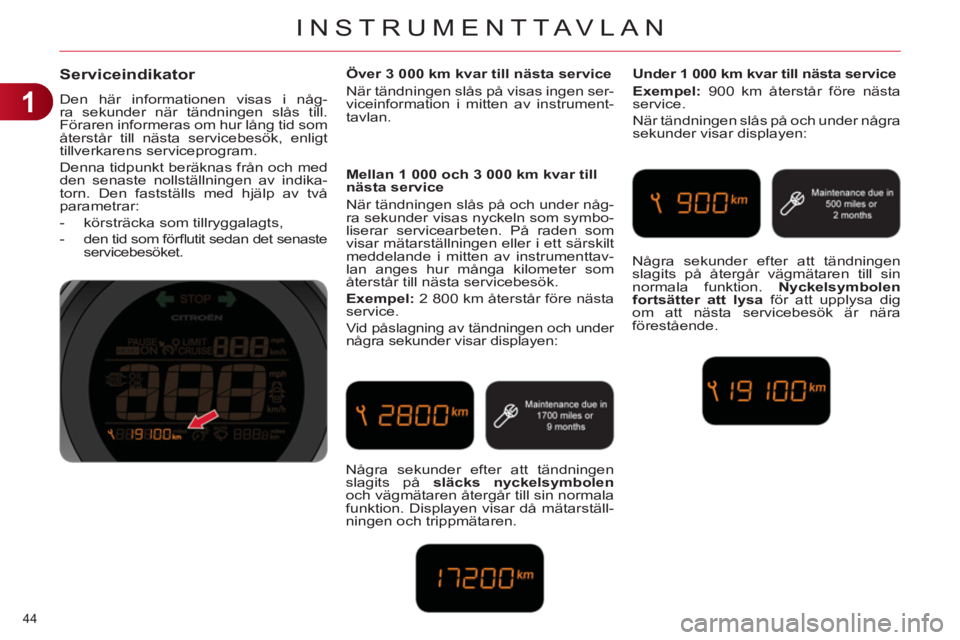 CITROEN C4 2011 InstruktionsbÖcker (in Swedish) 1
INSTRUMENTTAVLAN
44
Serviceindikator
Den här informationen visas i någ-
ra sekunder när tändningen slås till.
Föraren informeras om hur lång tid som
återstår till nästa servicebesök CITROEN C4 2011 InstruktionsbÖcker (in Swedish) 1
INSTRUMENTTAVLAN
44
Serviceindikator
Den här informationen visas i någ-
ra sekunder när tändningen slås till.
Föraren informeras om hur lång tid som
återstår till nästa servicebesök