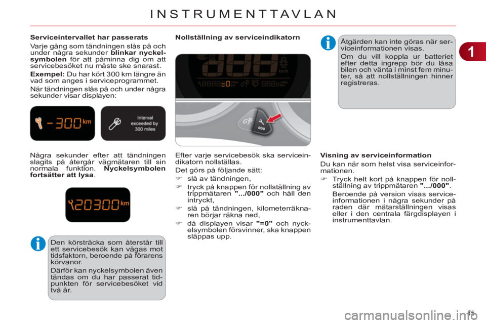 CITROEN C4 2011 InstruktionsbÖcker (in Swedish) 1
INSTRUMENTTAVLAN
45
Serviceintervallet har passerats
Varje gång som tändningen slås på och
under några sekunder blinkar nyckel-
symbolen
för att påminna dig om att
servicebesöke CITROEN C4 2011 InstruktionsbÖcker (in Swedish) 1
INSTRUMENTTAVLAN
45
Serviceintervallet har passerats
Varje gång som tändningen slås på och
under några sekunder blinkar nyckel-
symbolen
för att påminna dig om att
servicebesöke