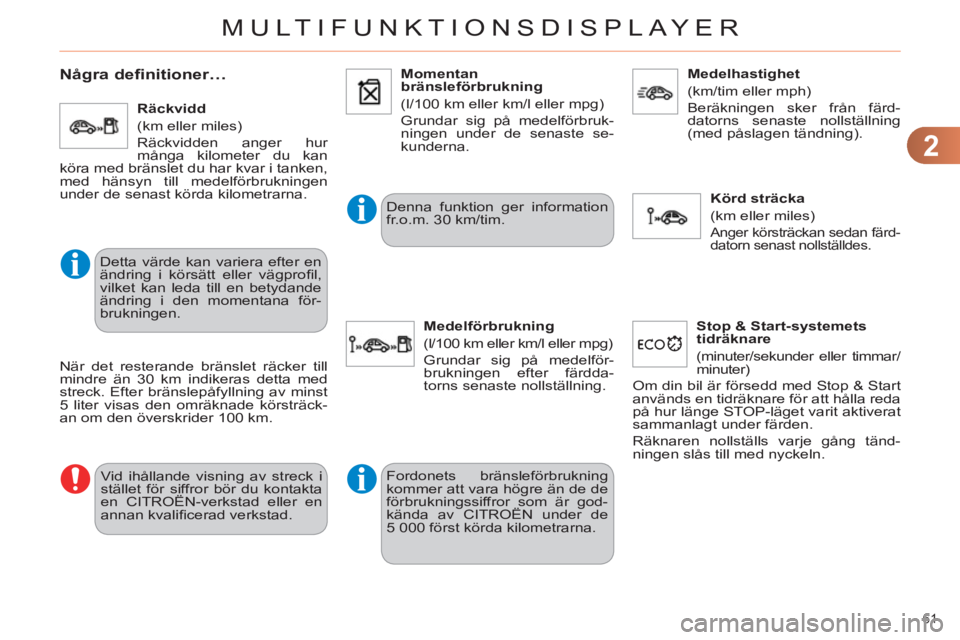 CITROEN C4 2011  InstruktionsbÖcker (in Swedish) 2
MULTIFUNKTIONSDISPLAYER
61 
   
 
 
 
 
Några definitioner… 
 
Detta värde kan variera efter en 
ändring i körsätt eller vägproﬁ l, 
vilket kan leda till en betydande 
ändring i den momen