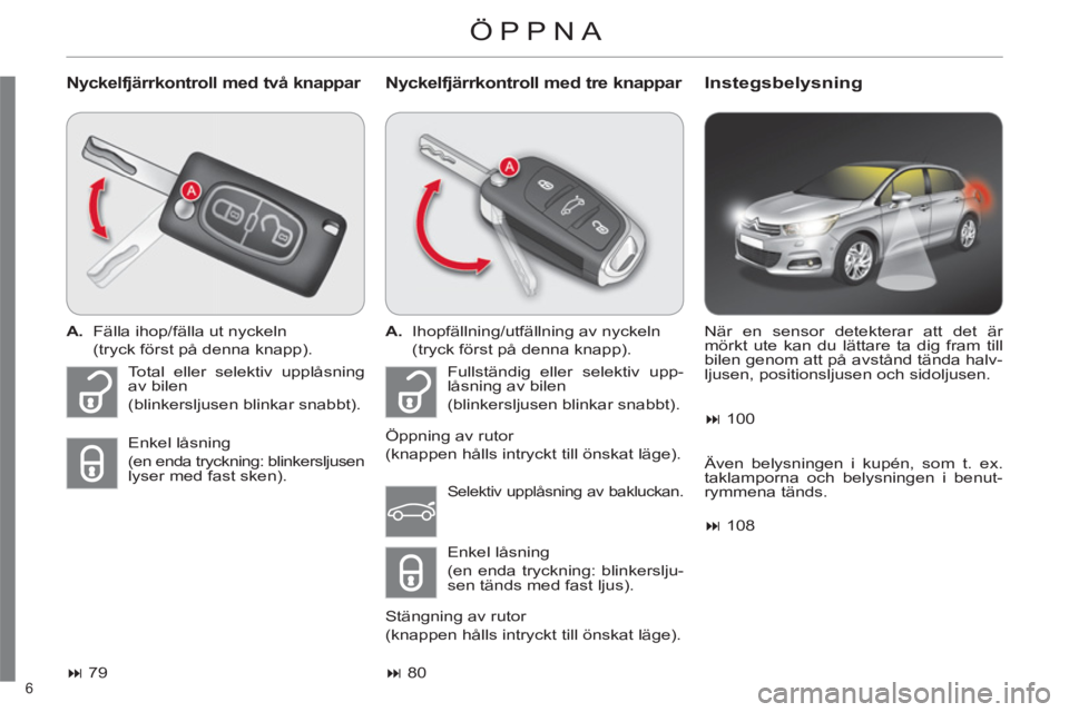 CITROEN C4 2011  InstruktionsbÖcker (in Swedish) 6 
  ÖPPNA 
 
 
Nyckelfjärrkontroll med två knappar  
 
Nyckelfjärrkontroll med tre knappar Instegsbelysning 
 
 
 
A. 
  Fälla ihop/fälla ut nyckeln  
  (tryck först på denna knapp).  
   
 
