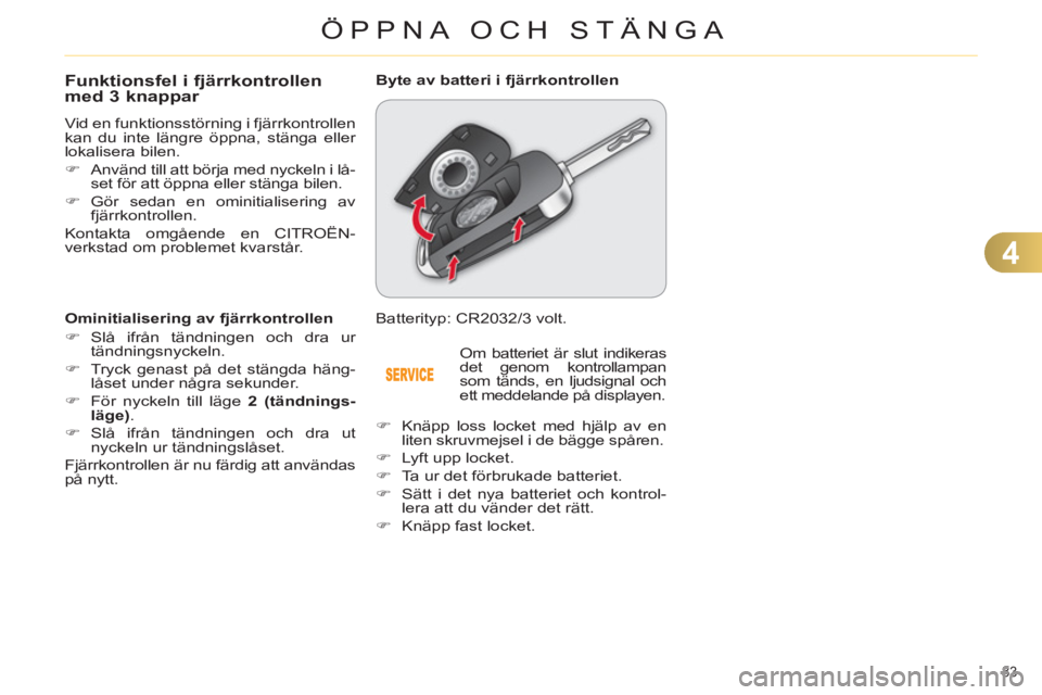 CITROEN C4 2011  InstruktionsbÖcker (in Swedish) 4
ÖPPNA OCH STÄNGA
83 
Funktionsfel i fjärrkontrollenmed 3 knappar 
  Vid en funktionsstörning i fjärrkontrollen 
kan du inte längre öppna, stänga eller 
lokalisera bilen. 
   
 
�) 
  Använd