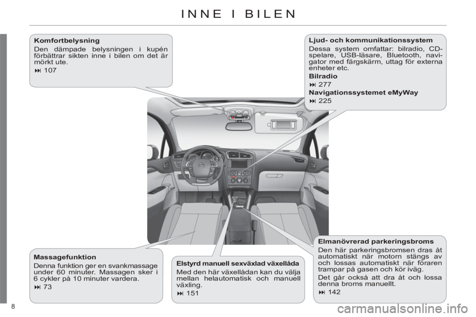 CITROEN C4 2011  InstruktionsbÖcker (in Swedish) 8 
INNE I BILEN
   
Komfortbelysning 
  Den dämpade belysningen i kupén 
förbättrar sikten inne i bilen om det är 
mörkt ute. 
   
 
� 
 107  
 
 
 
Elstyrd manuell sexväxlad växellåda 
 
Me