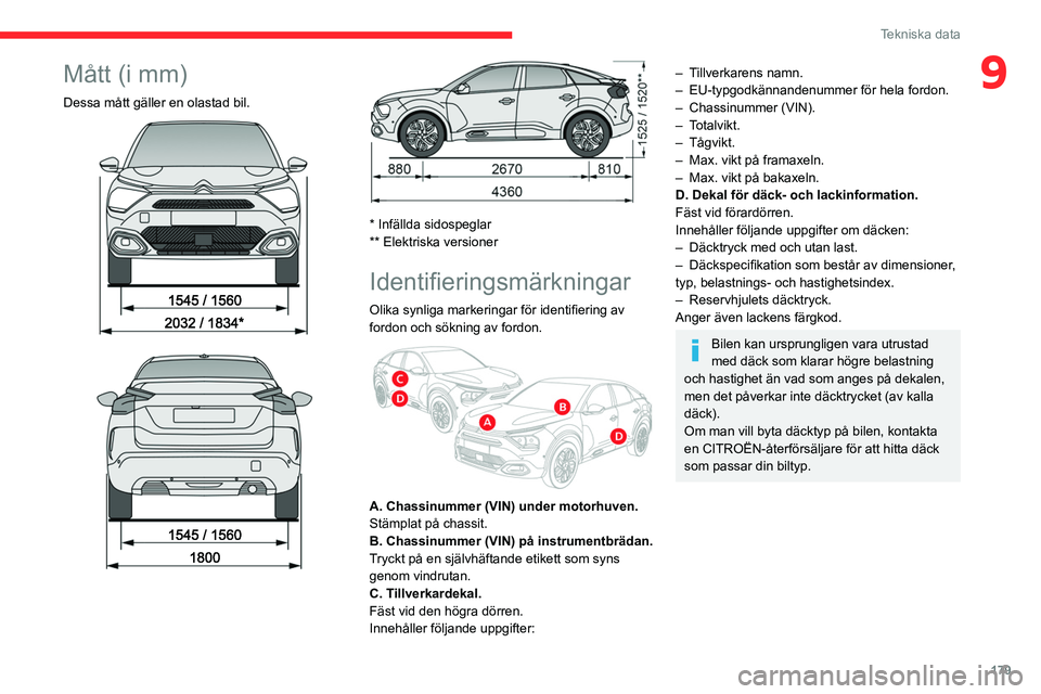 CITROEN C4 2021  InstruktionsbÖcker (in Swedish) 179
Tekniska data
9Mått (i mm)
Dessa mått gäller en olastad bil. 
 
 
 
 
 
* Infällda sidospeglar
** Elektriska versioner
Identifieringsmärkningar
Olika synliga markeringar för identifiering av
