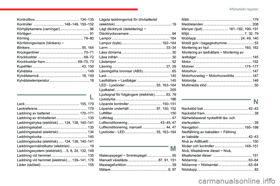 CITROEN C4 2021 InstruktionsbÖcker (in Swedish) 217
Alfabetiskt register
Kontrollbox 134–135
Kontroller
148–149, 150–152
Körhjälpkamera (varningar)
96
Körlägen
91
Körning
79–80
Körriktningsvisare (blinkers) ~ CITROEN C4 2021 InstruktionsbÖcker (in Swedish) 217
Alfabetiskt register
Kontrollbox 134–135
Kontroller
148–149, 150–152
Körhjälpkamera (varningar)
96
Körlägen
91
Körning
79–80
Körriktningsvisare (blinkers) ~