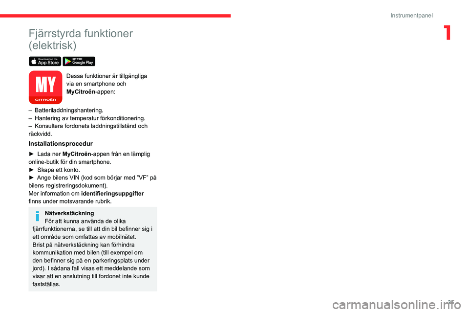 CITROEN C4 2021  InstruktionsbÖcker (in Swedish) 25
Instrumentpanel
1Fjärrstyrda funktioner 
(elektrisk)
 
 
Dessa funktioner är tillgängliga 
via en smartphone och 
MyCitroën-appen:
–
 
Batteriladdningshantering.
–

 
Hantering av temperatu