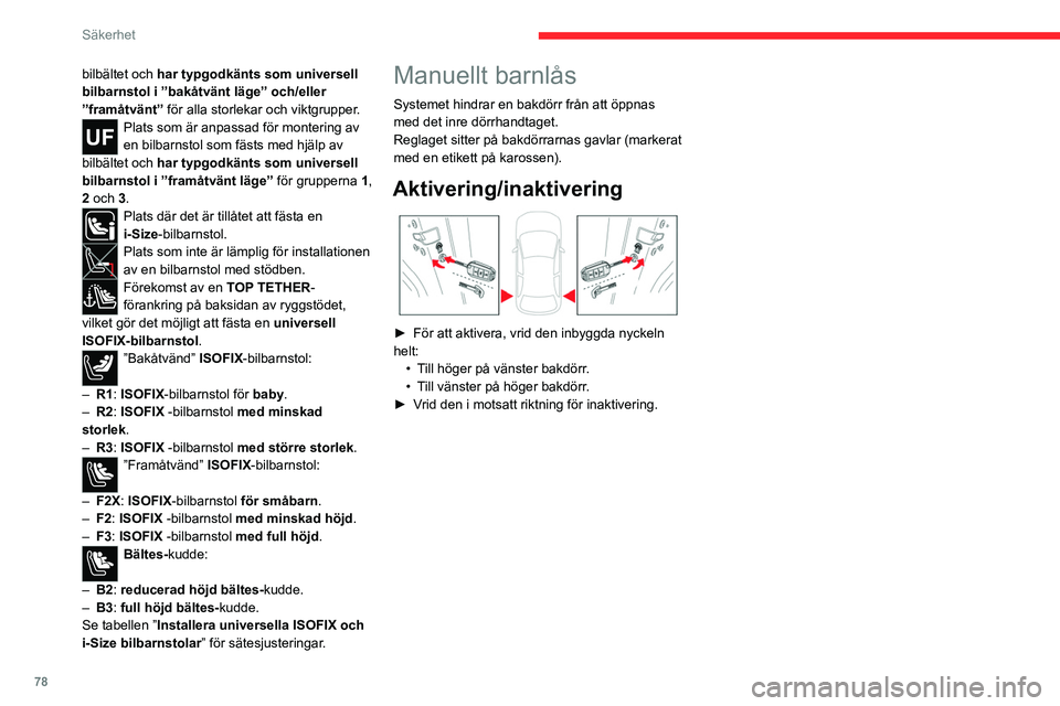 CITROEN C4 2021 InstruktionsbÖcker (in Swedish) 78
Säkerhet
bilbältet och har typgodkänts som universell
bilbarnstol i ”bakåtvänt läge” och/eller
”framåtvänt” för alla storlekar och viktgrupper.
Plats som är anpassad för monte CITROEN C4 2021 InstruktionsbÖcker (in Swedish) 78
Säkerhet
bilbältet och har typgodkänts som universell
bilbarnstol i ”bakåtvänt läge” och/eller
”framåtvänt” för alla storlekar och viktgrupper.
Plats som är anpassad för monte