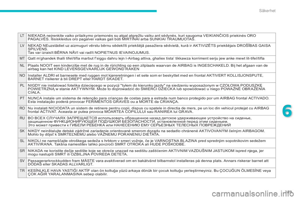 CITROEN C4 AIRCROSS 2016 InstruktionsbÖcker (in Swedish) 159
LtNIEK ADA neįrenkite vaiko prilaikymo priemonės su atgal atgręžtu vaiku ant sėdynės, kuri saugoma VEIKIANČIOS priekinės ORO
PAGALVĖS. Išsiskleidus oro pagalvei vaikas gali būti MIRTIN CITROEN C4 AIRCROSS 2016 InstruktionsbÖcker (in Swedish) 159
LtNIEK ADA neįrenkite vaiko prilaikymo priemonės su atgal atgręžtu vaiku ant sėdynės, kuri saugoma VEIKIANČIOS priekinės ORO
PAGALVĖS. Išsiskleidus oro pagalvei vaikas gali būti MIRTIN