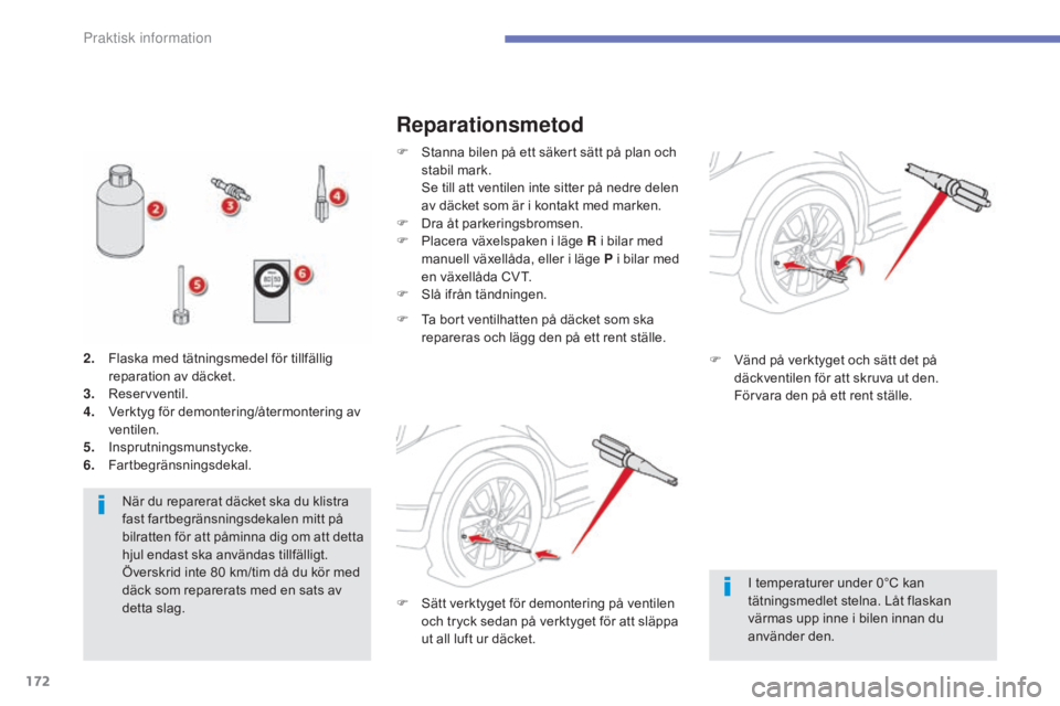 CITROEN C4 AIRCROSS 2016 InstruktionsbÖcker (in Swedish) 172
C4-Aircross_sv_Chap07_info-pratiques_ed01-2014
När du reparerat däcket ska du klistra
fast fartbegränsningsdekalen mitt på
bilratten för att påminna dig om att detta
hjul endast ska anvä CITROEN C4 AIRCROSS 2016 InstruktionsbÖcker (in Swedish) 172
C4-Aircross_sv_Chap07_info-pratiques_ed01-2014
När du reparerat däcket ska du klistra
fast fartbegränsningsdekalen mitt på
bilratten för att påminna dig om att detta
hjul endast ska anvä