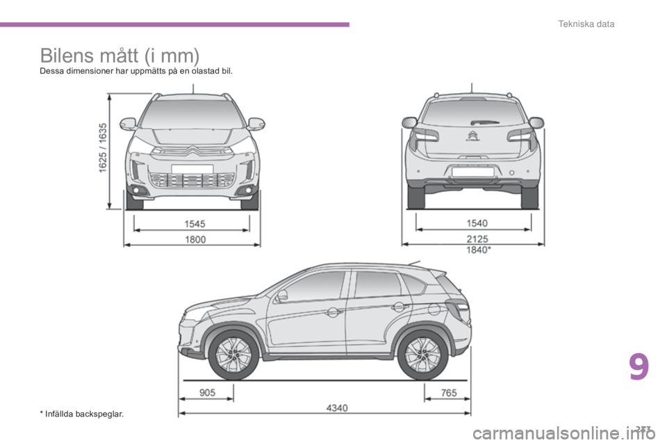 CITROEN C4 AIRCROSS 2016  InstruktionsbÖcker (in Swedish) 233
C4-Aircross_sv_Chap09_caracteristiques-techniques_ed01-2014
Bilens mått (i mm)Dessa dimensioner har uppmätts på en olastad bil.
* Infällda backspeglar.
9 
T  