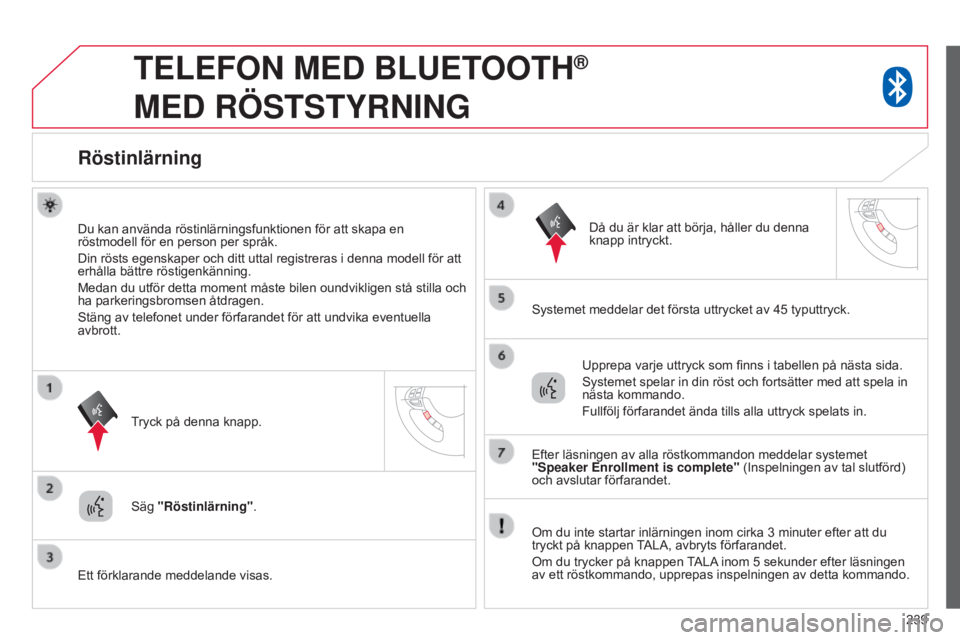 CITROEN C4 AIRCROSS 2016 InstruktionsbÖcker (in Swedish) 239
TELEFON MED BLUETOOTH®
MED
RÖSTSTYRNING
Röstinlärning
Du kan använda röstinlärningsfunktionen för att skapa en
röstmodell för en person per språk.
Din rösts egenskaper och ditt CITROEN C4 AIRCROSS 2016 InstruktionsbÖcker (in Swedish) 239
TELEFON MED BLUETOOTH®
MED
RÖSTSTYRNING
Röstinlärning
Du kan använda röstinlärningsfunktionen för att skapa en
röstmodell för en person per språk.
Din rösts egenskaper och ditt