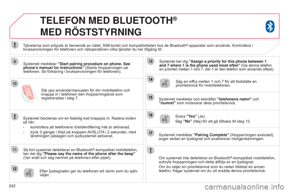 CITROEN C4 AIRCROSS 2016 InstruktionsbÖcker (in Swedish) 242Slå upp användarmanualen för din mobiltelefon och
knappa in i telefonen den ihopparningskod som
registrerades i steg 7.
TELEFON MED BLUETOOTH®
MED
RÖSTSTYRNING
Systemet meddelar "S CITROEN C4 AIRCROSS 2016 InstruktionsbÖcker (in Swedish) 242Slå upp användarmanualen för din mobiltelefon och
knappa in i telefonen den ihopparningskod som
registrerades i steg 7.
TELEFON MED BLUETOOTH®
MED
RÖSTSTYRNING
Systemet meddelar "S