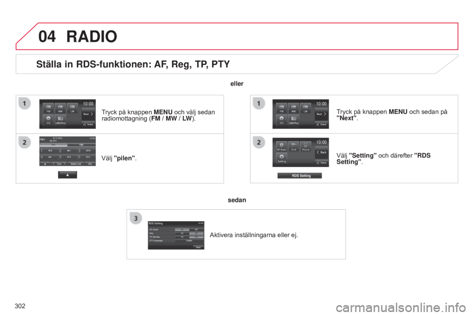 CITROEN C4 AIRCROSS 2016 InstruktionsbÖcker (in Swedish) 04
302
Ställa in RDS-funktionen: AF, Reg, TP, PTY
Välj "pilen".Välj "Setting" och därefter "RDS
Setting". Tryck på knappen MENU och sedan på
"Next"
.
RADIO
elle CITROEN C4 AIRCROSS 2016 InstruktionsbÖcker (in Swedish) 04
302
Ställa in RDS-funktionen: AF, Reg, TP, PTY
Välj "pilen".Välj "Setting" och därefter "RDS
Setting". Tryck på knappen MENU och sedan på
"Next"
.
RADIO
elle