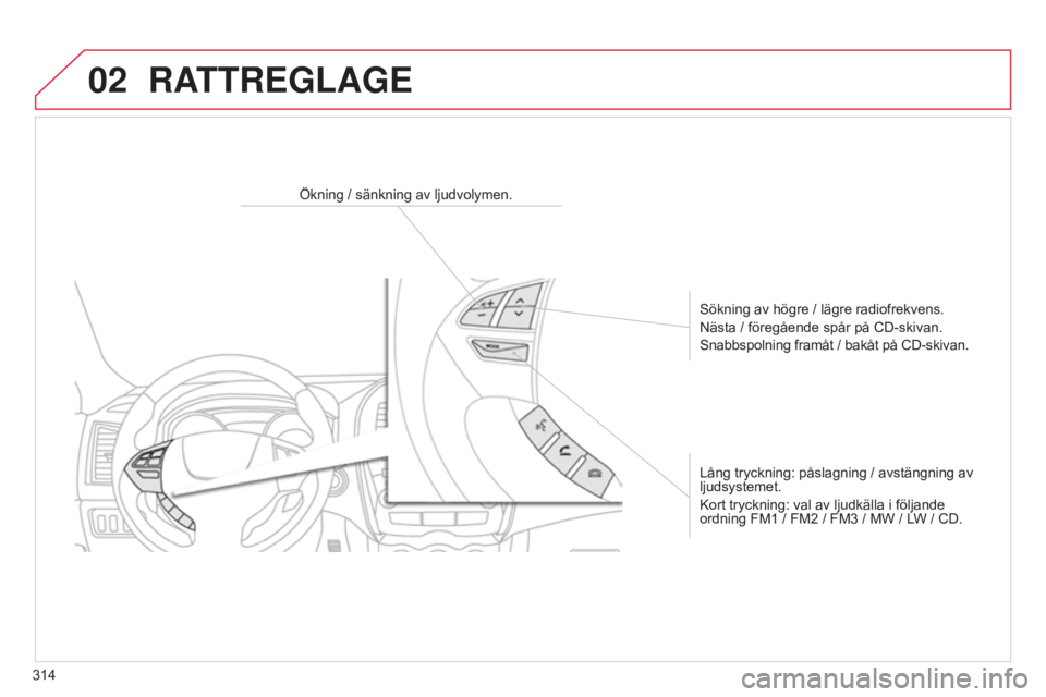 CITROEN C4 AIRCROSS 2016  InstruktionsbÖcker (in Swedish) 02
314
C4-Aircross_sv_Chap10d_Mitsu4_ed01-2014
RATTREGLAGE
Ökning / sänkning av ljudvolymen.Sökning av högre / lägre radiofrekvens.
Nästa / föregående spår på CD-skivan.
Snabbspolning framå