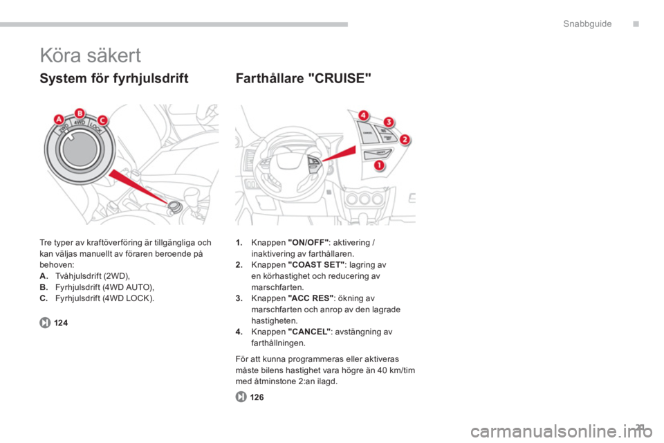 CITROEN C4 AIRCROSS 2014  InstruktionsbÖcker (in Swedish) .
21
Snabbguide
  Köra säker t 
 
Tre typer av kraftöver föring är tillgängliga och 
kan väljas manuellt av föraren beroende på 
behoven: 
   
 
A. 
 Tvåhjulsdrift (2WD), 
   
B. 
  Fyrhjuls