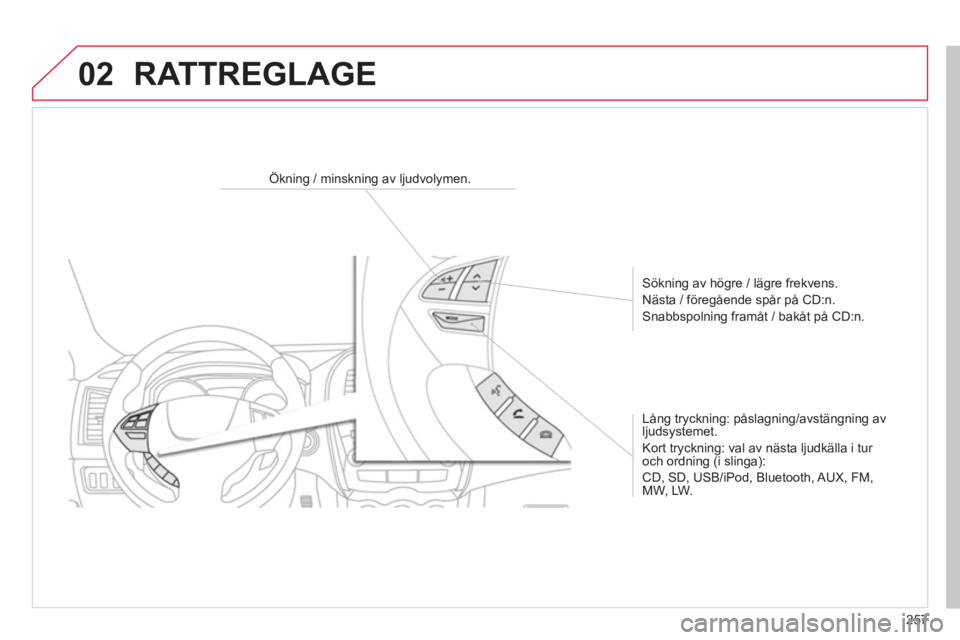 CITROEN C4 AIRCROSS 2014 InstruktionsbÖcker (in Swedish) 257
02
Ökning / minskning av ljudvolymen.
Sökning av högre / lägre frekvens.
Nästa / föregående spår på CD:n.
Snabbspolning framåt / bakåt på CD:n.
Lång CITROEN C4 AIRCROSS 2014 InstruktionsbÖcker (in Swedish) 257
02
Ökning / minskning av ljudvolymen.
Sökning av högre / lägre frekvens.
Nästa / föregående spår på CD:n.
Snabbspolning framåt / bakåt på CD:n.
Lång