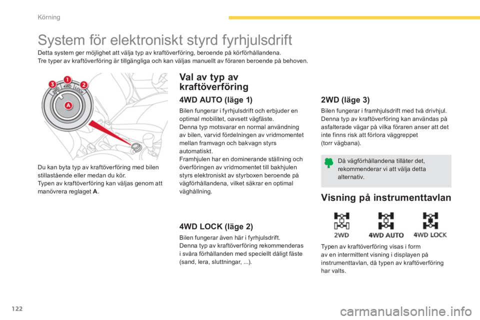 CITROEN C4 AIRCROSS 2013 InstruktionsbÖcker (in Swedish) 122
Körning
System för elektroniskt styrd fyrhjulsdrift
Detta system ger möjlighet att välja typ av kraftöver föring, beroende på kör förhållandena.
Tre typer av kraftöver CITROEN C4 AIRCROSS 2013 InstruktionsbÖcker (in Swedish) 122
Körning
System för elektroniskt styrd fyrhjulsdrift
Detta system ger möjlighet att välja typ av kraftöver föring, beroende på kör förhållandena.
Tre typer av kraftöver