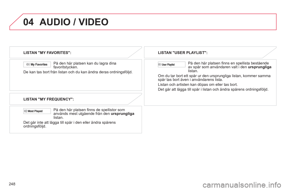 CITROEN C4 AIRCROSS 2013 InstruktionsbÖcker (in Swedish) 248
04AUDIO / VIDEO
LISTAN "MY FAVORITES":
På den här platsen kan du la
gra dina favoritstycken.
De kan tas bort från listan och du kan ändra deras ordningsföljd.
LISTAN "MY FREQUENCY":
CITROEN C4 AIRCROSS 2013 InstruktionsbÖcker (in Swedish) 248
04AUDIO / VIDEO
LISTAN "MY FAVORITES":
På den här platsen kan du la
gra dina favoritstycken.
De kan tas bort från listan och du kan ändra deras ordningsföljd.
LISTAN "MY FREQUENCY":