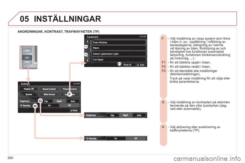 CITROEN C4 AIRCROSS 2013  InstruktionsbÖcker (in Swedish) 260
05
   
ANORDNINGAR, KONTRAST, TRAFIKNYHETER (TP)
INSTÄLLNINGAR
-  Välj inställning av vissa system som fi nnsF  i bilen (t. ex.: uppfällning / infällning av 
backspeglarna, stängning av rut CITROEN C4 AIRCROSS 2013  InstruktionsbÖcker (in Swedish) 260
05
   
ANORDNINGAR, KONTRAST, TRAFIKNYHETER (TP)
INSTÄLLNINGAR
-  Välj inställning av vissa system som fi nnsF  i bilen (t. ex.: uppfällning / infällning av 
backspeglarna, stängning av rut