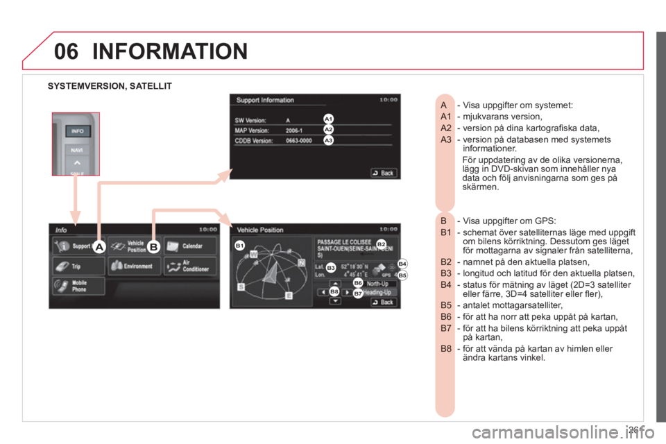 CITROEN C4 AIRCROSS 2013  InstruktionsbÖcker (in Swedish) 261
06INFORMATION 
SYSTEMVERSION, SATELLIT
- Visa uppgifter om systemet:    
A  
- mjukvarans version,   A1  
- version på dina kartografi ska data,   A2  
-  version på databasen med systemets  A3 CITROEN C4 AIRCROSS 2013  InstruktionsbÖcker (in Swedish) 261
06INFORMATION 
SYSTEMVERSION, SATELLIT
- Visa uppgifter om systemet:    
A  
- mjukvarans version,   A1  
- version på dina kartografi ska data,   A2  
-  version på databasen med systemets  A3