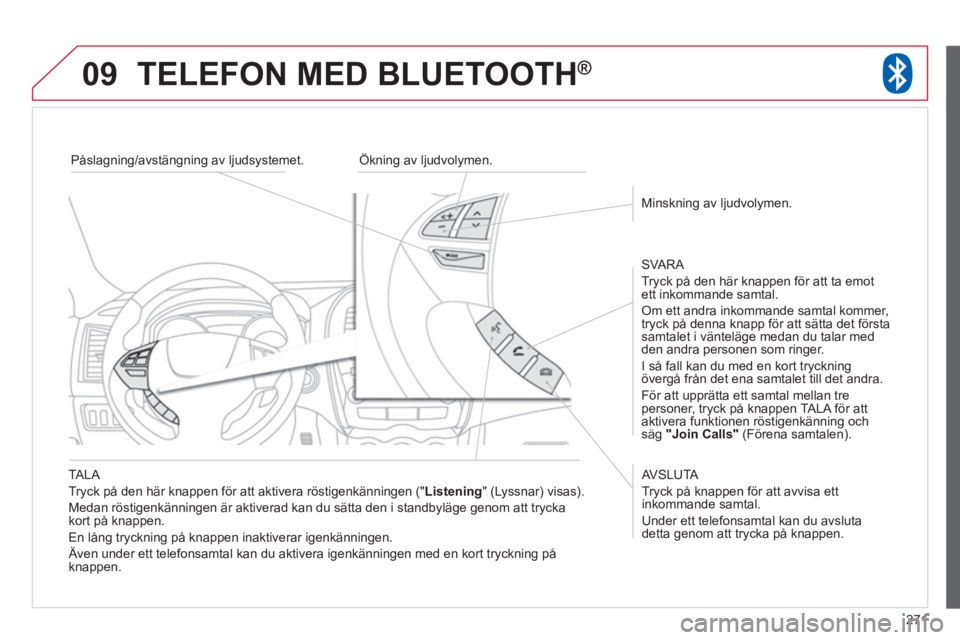CITROEN C4 AIRCROSS 2013  InstruktionsbÖcker (in Swedish) 271
09TELEFON MED BLUETOOTH ®
   TALA 
  Tryck på den här knappen för att aktivera röstigenkänningen (" 
Listening 
" (Lyssnar) visas).
  Medan r
östigenkänningen är aktiverad kan du sätta d CITROEN C4 AIRCROSS 2013  InstruktionsbÖcker (in Swedish) 271
09TELEFON MED BLUETOOTH ®
   TALA 
  Tryck på den här knappen för att aktivera röstigenkänningen (" 
Listening 
" (Lyssnar) visas).
  Medan r
östigenkänningen är aktiverad kan du sätta d