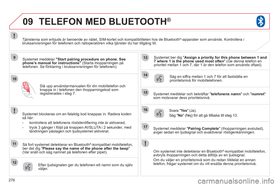 CITROEN C4 AIRCROSS 2013 InstruktionsbÖcker (in Swedish) 276
10
09
9
11
12
13
14
15
16
17
Slå upp användarmanualen för din mobiltelefon och knappa in i telefonen den ihopparningskod somregistrerades i steg 7.
TELEFON MED BLUETOOTH®
Systemet meddelar "St CITROEN C4 AIRCROSS 2013 InstruktionsbÖcker (in Swedish) 276
10
09
9
11
12
13
14
15
16
17
Slå upp användarmanualen för din mobiltelefon och knappa in i telefonen den ihopparningskod somregistrerades i steg 7.
TELEFON MED BLUETOOTH®
Systemet meddelar "St