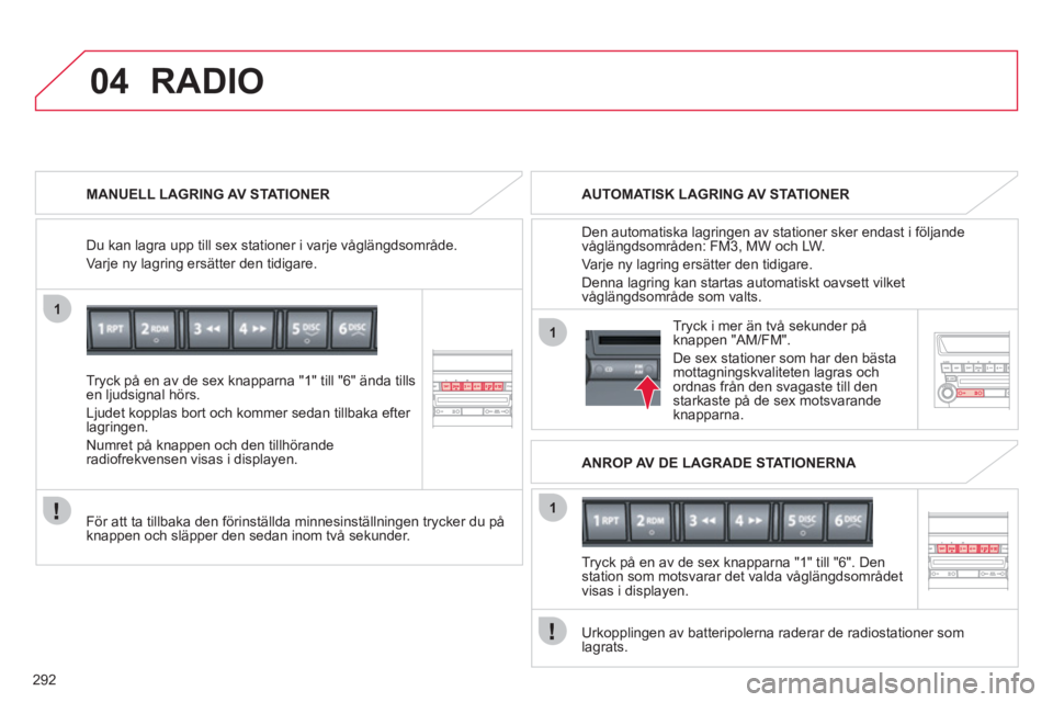 CITROEN C4 AIRCROSS 2013  InstruktionsbÖcker (in Swedish) 292
1
04
1
1
Tryck på en av de sex knapparna "1" till "6" ända tills
en ljudsignal hörs.
L
judet kopplas bort och kommer sedan tillbaka efter 
lagringen. 
Numret på knappen och den tillhörande 
r CITROEN C4 AIRCROSS 2013  InstruktionsbÖcker (in Swedish) 292
1
04
1
1
Tryck på en av de sex knapparna "1" till "6" ända tills
en ljudsignal hörs.
L
judet kopplas bort och kommer sedan tillbaka efter 
lagringen. 
Numret på knappen och den tillhörande 
r