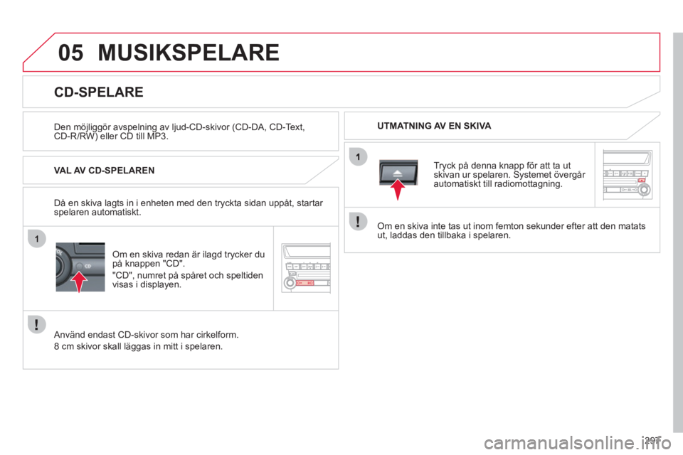 CITROEN C4 AIRCROSS 2013  InstruktionsbÖcker (in Swedish) 297
05
1
MUSIKSPELARE
   
Den möjliggör avspelning av ljud-CD-skivor (CD-DA, CD-Text,CD-R/RW) eller CD till MP3.   
UTMATNING AV EN SKIVA 
 
 
 
 
 
 
 
 
 
 
 
 
 
 
 
 
 
CD-SPELARE 
 
 VAL AV CD- CITROEN C4 AIRCROSS 2013  InstruktionsbÖcker (in Swedish) 297
05
1
MUSIKSPELARE
   
Den möjliggör avspelning av ljud-CD-skivor (CD-DA, CD-Text,CD-R/RW) eller CD till MP3.   
UTMATNING AV EN SKIVA 
 
 
 
 
 
 
 
 
 
 
 
 
 
 
 
 
 
CD-SPELARE 
 
 VAL AV CD-