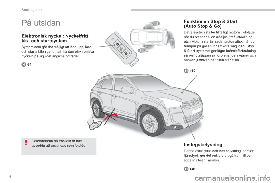 CITROEN C4 AIRCROSS 2013  InstruktionsbÖcker (in Swedish) 4
Snabbguide
Elektronisk nyckel: Nyckelfritt lås- och startsystem 
System som gör det möjligt att låsa upp, låsa 
och starta bilen genom att ha den elektroniskanyckeln på sig i det angivna områ