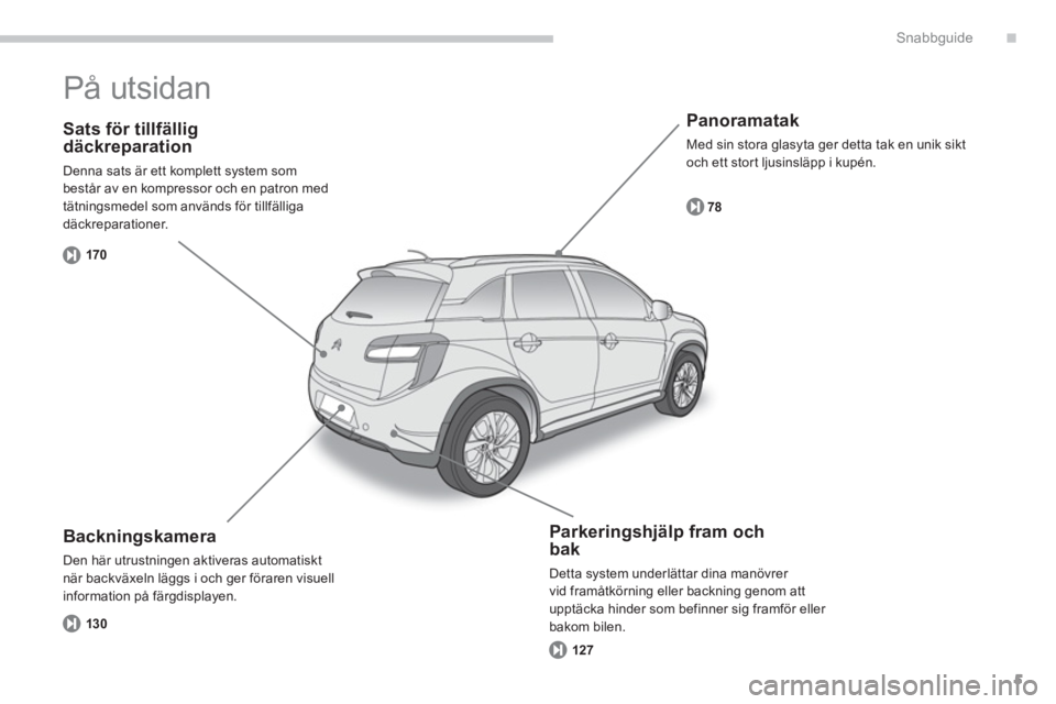 CITROEN C4 AIRCROSS 2013  InstruktionsbÖcker (in Swedish) .
5
Snabbguide
   
Sats för tillfälligdäckreparation
 
Denna sats är ett komplett system som
består av en kompressor och en patron med
tätnin
gsmedel som används för tillfälliga däckreparati