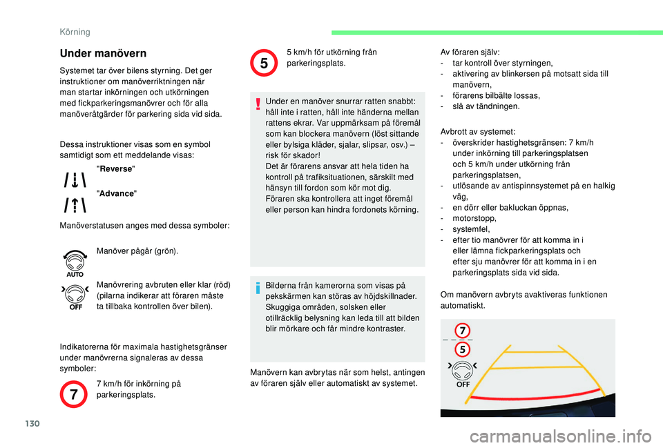 CITROEN C4 CACTUS 2019 InstruktionsbÖcker (in Swedish) 130
7
5
Under manövern
Systemet tar över bilens styrning. Det ger
instruktioner om manöverriktningen när
man startar inkörningen och utkörningen
med fickparkeringsmanövrer och för alla
man CITROEN C4 CACTUS 2019 InstruktionsbÖcker (in Swedish) 130
7
5
Under manövern
Systemet tar över bilens styrning. Det ger
instruktioner om manöverriktningen när
man startar inkörningen och utkörningen
med fickparkeringsmanövrer och för alla
man
