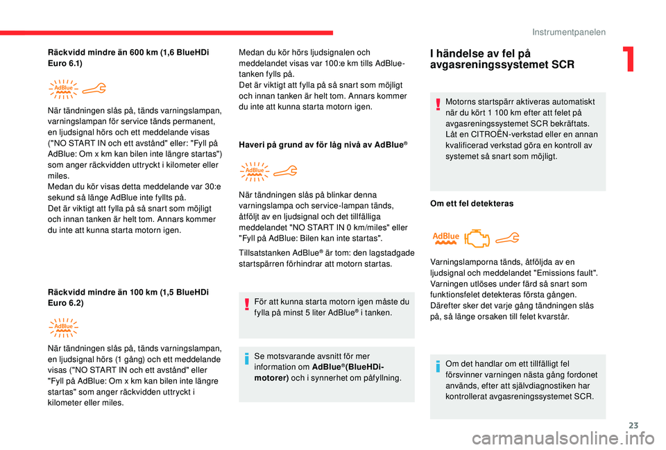 CITROEN C4 CACTUS 2019 InstruktionsbÖcker (in Swedish) 23
Räckvidd mindre än 600 km (1,6 BlueHDi
E u r o 6 .1)
Räckvidd mindre än 100
km (1,5 BlueHDi
Euro 6.2) När tändningen slås på, tänds varningslampan,
varningslampan för service tänds CITROEN C4 CACTUS 2019 InstruktionsbÖcker (in Swedish) 23
Räckvidd mindre än 600 km (1,6 BlueHDi
E u r o 6 .1)
Räckvidd mindre än 100
km (1,5 BlueHDi
Euro 6.2) När tändningen slås på, tänds varningslampan,
varningslampan för service tänds
