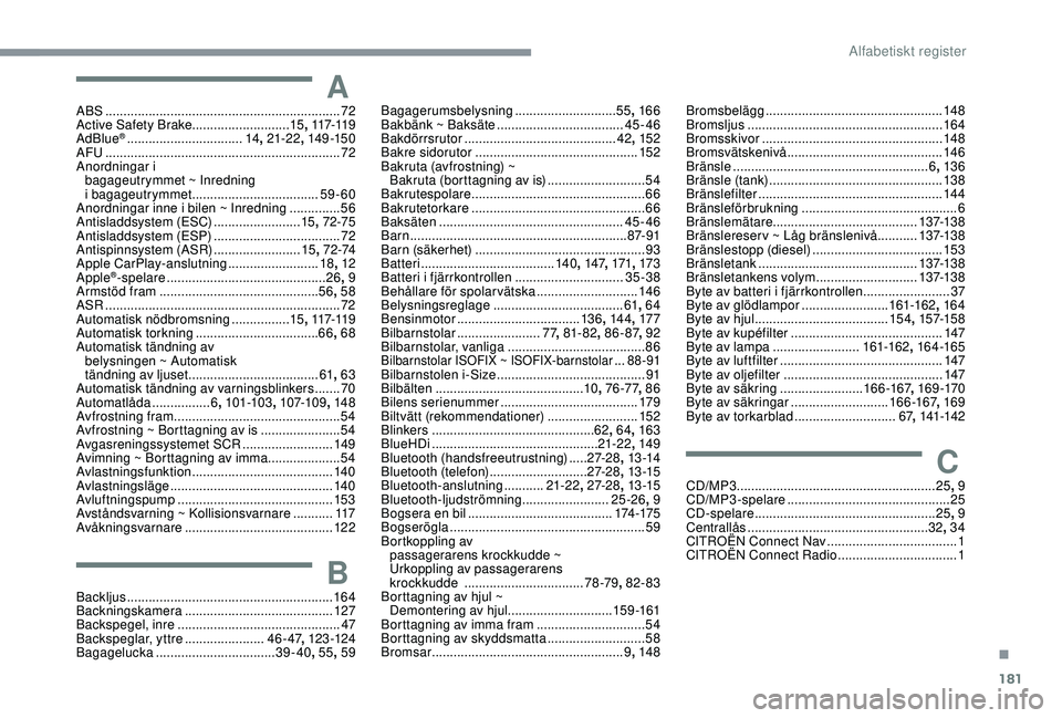 CITROEN C4 CACTUS 2019  InstruktionsbÖcker (in Swedish) 181
AABS .................................................................72
Active Safety Brake........................... 15, 117-11 9
AdBlue
® ................................ 14,  21-22, 14 9 -15