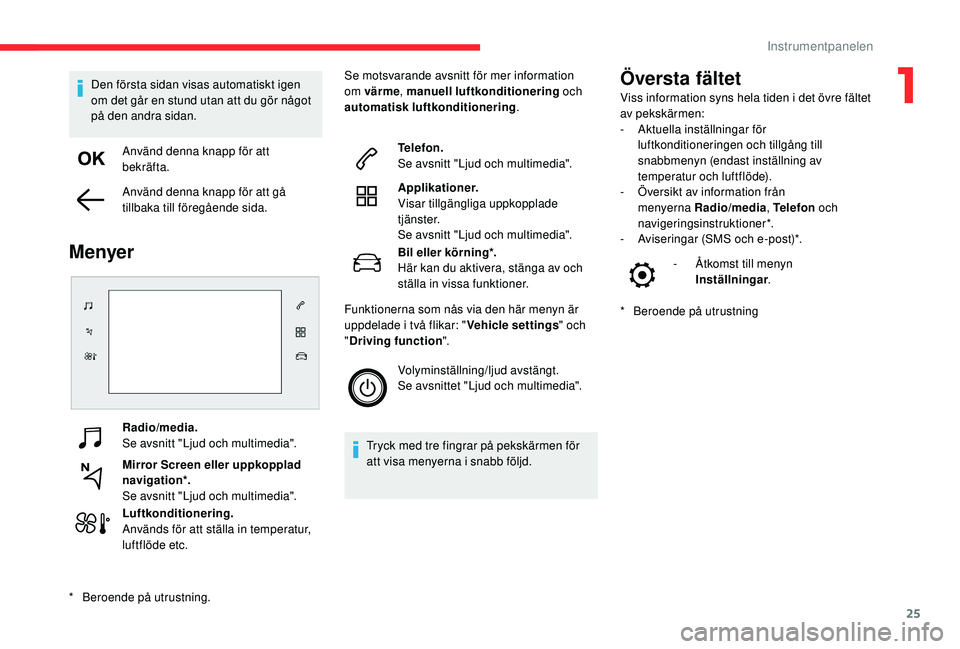 CITROEN C4 CACTUS 2019 InstruktionsbÖcker (in Swedish) 25
Radio/media.
Se avsnitt "Ljud och multimedia".
Mirror Screen eller uppkopplad
navigation*.
Se avsnitt "Ljud och multimedia".
Luftkonditionering.
Används för att ställa in temper CITROEN C4 CACTUS 2019 InstruktionsbÖcker (in Swedish) 25
Radio/media.
Se avsnitt "Ljud och multimedia".
Mirror Screen eller uppkopplad
navigation*.
Se avsnitt "Ljud och multimedia".
Luftkonditionering.
Används för att ställa in temper
