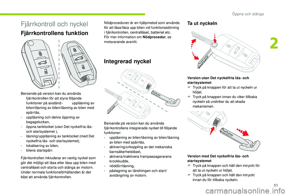 CITROEN C4 CACTUS 2019  InstruktionsbÖcker (in Swedish) 31
Fjärrkontroll och nyckel
Beroende på version kan du använda fjärrkontrollen för att styra följande 
funktioner på avstånd:-
 
u
 pplåsning av 
bilen/låsning av bilen/låsning av bilen med