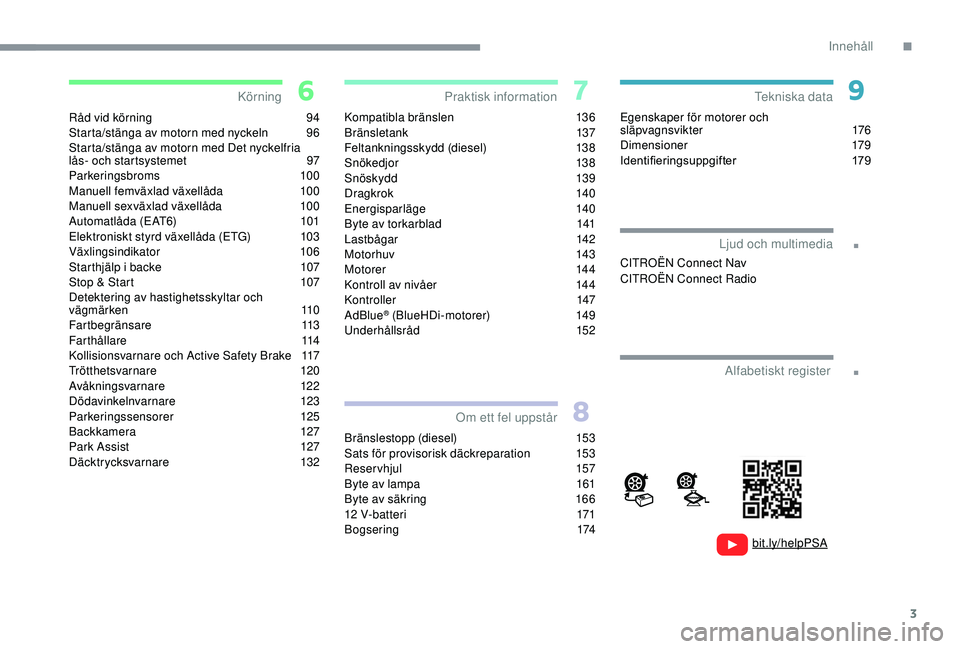 CITROEN C4 CACTUS 2019  InstruktionsbÖcker (in Swedish) 3
.
.
Råd vid körning 94
Starta/stänga av motorn med nyckeln  9 6
Starta/stänga av motorn med Det nyckelfria 
lås- och startsystemet
 
9
 7
Parkeringsbroms
 

100
Manuell femväxlad växellåda
 