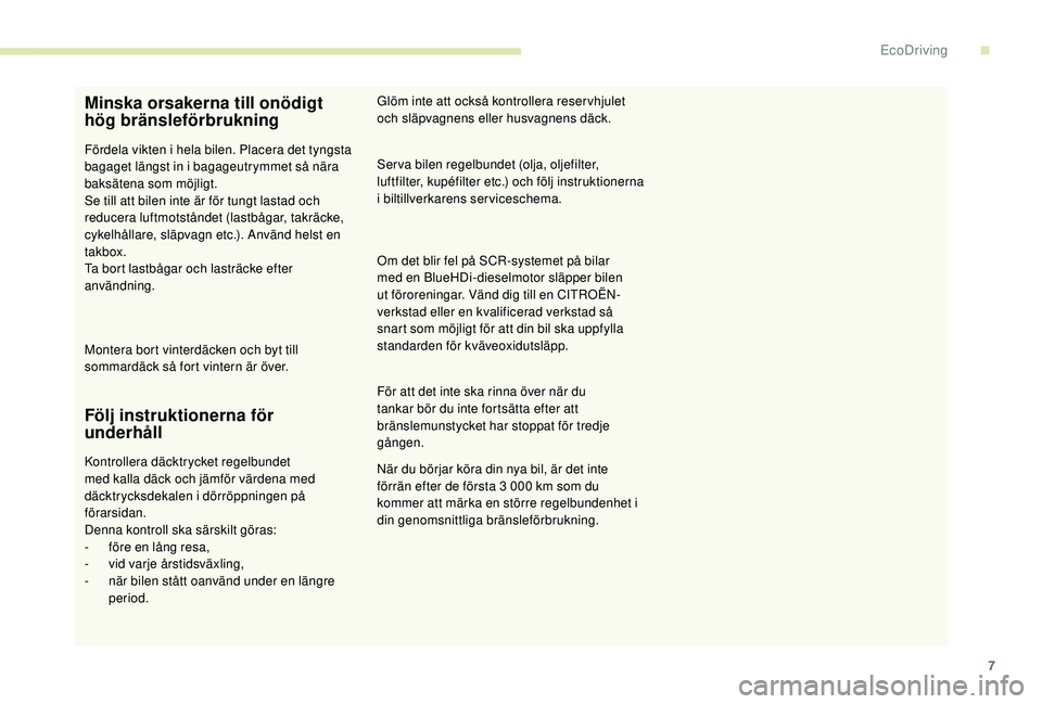 CITROEN C4 CACTUS 2019 InstruktionsbÖcker (in Swedish) 7
Minska orsakerna till onödigt
hög bränsleförbrukning
Fördela vikten i hela bilen. Placera det tyngsta
bagaget längst in i bagageutrymmet så nära
baksätena som möjligt.
Se till att bilen CITROEN C4 CACTUS 2019 InstruktionsbÖcker (in Swedish) 7
Minska orsakerna till onödigt
hög bränsleförbrukning
Fördela vikten i hela bilen. Placera det tyngsta
bagaget längst in i bagageutrymmet så nära
baksätena som möjligt.
Se till att bilen