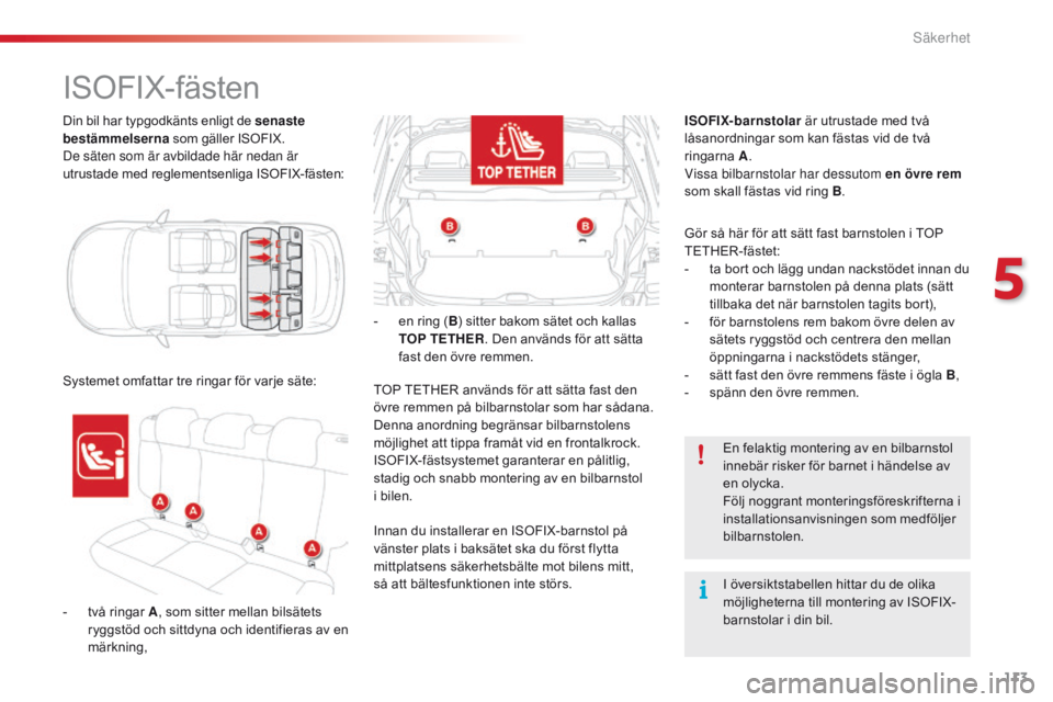 CITROEN C4 CACTUS 2018 InstruktionsbÖcker (in Swedish) 113
C4-cactus_sv_Chap05_securite_ed01-2016
Din bil har typgodkänts enligt de senaste
bestämmelserna som gäller ISOFIX.
De säten som är avbildade här nedan är
utrustade med reglementsenliga IS CITROEN C4 CACTUS 2018 InstruktionsbÖcker (in Swedish) 113
C4-cactus_sv_Chap05_securite_ed01-2016
Din bil har typgodkänts enligt de senaste
bestämmelserna som gäller ISOFIX.
De säten som är avbildade här nedan är
utrustade med reglementsenliga IS