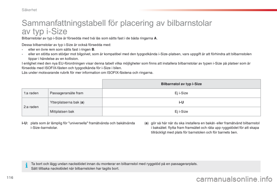 CITROEN C4 CACTUS 2018 InstruktionsbÖcker (in Swedish) 116
C4-cactus_sv_Chap05_securite_ed01-2016
Sammanfattningstabell för placering av bilbarnstolar
av typ i-Size
Bilbarnstolar av typ i-Size är försedda med två lås som sätts fast i de båda ring CITROEN C4 CACTUS 2018 InstruktionsbÖcker (in Swedish) 116
C4-cactus_sv_Chap05_securite_ed01-2016
Sammanfattningstabell för placering av bilbarnstolar
av typ i-Size
Bilbarnstolar av typ i-Size är försedda med två lås som sätts fast i de båda ring