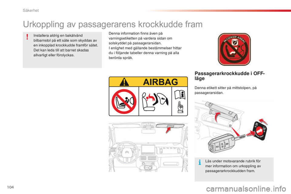 CITROEN C4 CACTUS 2016 InstruktionsbÖcker (in Swedish) 104
C4-cactus_sv_Chap05_securite_ed01-2015
Passagerarkrockkudde i OFF-
läge
Denna information finns även på
varningsetiketten på vardera sidan om
solskyddet på passagerarsidan.
I enlighet med g CITROEN C4 CACTUS 2016 InstruktionsbÖcker (in Swedish) 104
C4-cactus_sv_Chap05_securite_ed01-2015
Passagerarkrockkudde i OFF-
läge
Denna information finns även på
varningsetiketten på vardera sidan om
solskyddet på passagerarsidan.
I enlighet med g