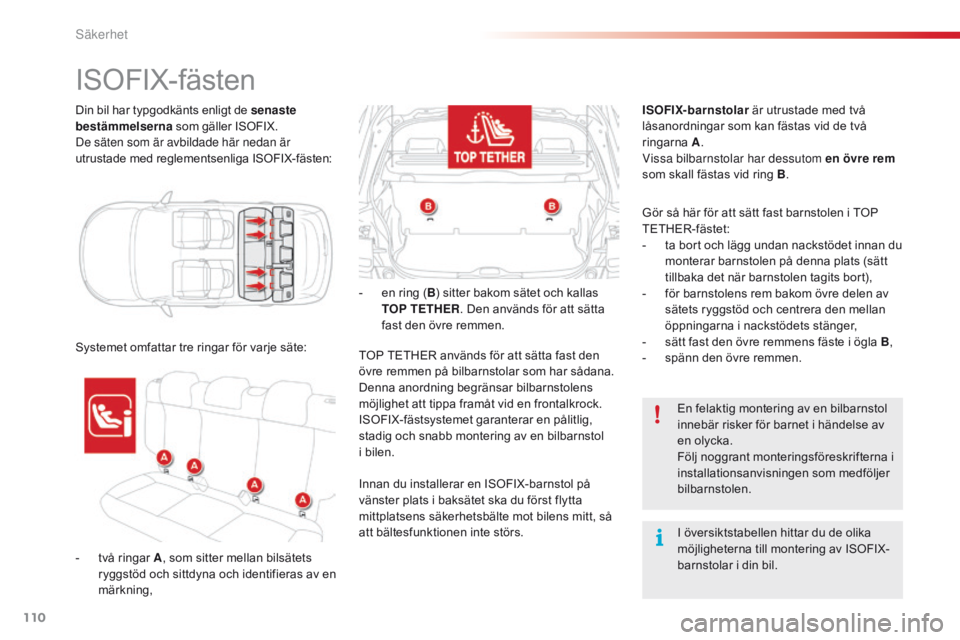 CITROEN C4 CACTUS 2016  InstruktionsbÖcker (in Swedish) 110
C4-cactus_sv_Chap05_securite_ed01-2015
Din bil har typgodkänts enligt de senaste 
bestämmelserna som gäller ISOFIX.
De säten som är avbildade här nedan är 
utrustade med reglementsenliga IS