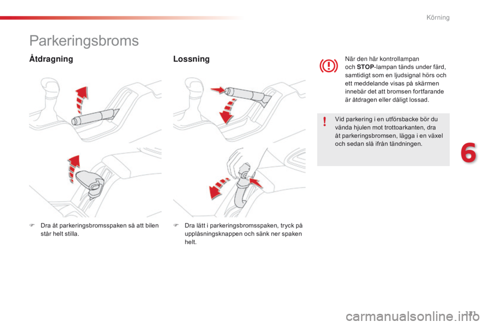 CITROEN C4 CACTUS 2016 InstruktionsbÖcker (in Swedish) 121
C4-cactus_sv_Chap06_conduite_ed01-2015
Parkeringsbroms
Ã…tdragningLossning
Vid parkering i en utförsbacke bör du
vända hjulen mot trottoarkanten, dra
åt parkeringsbromsen, lägga i en växel CITROEN C4 CACTUS 2016 InstruktionsbÖcker (in Swedish) 121
C4-cactus_sv_Chap06_conduite_ed01-2015
Parkeringsbroms
Ã…tdragningLossning
Vid parkering i en utförsbacke bör du
vända hjulen mot trottoarkanten, dra
åt parkeringsbromsen, lägga i en växel