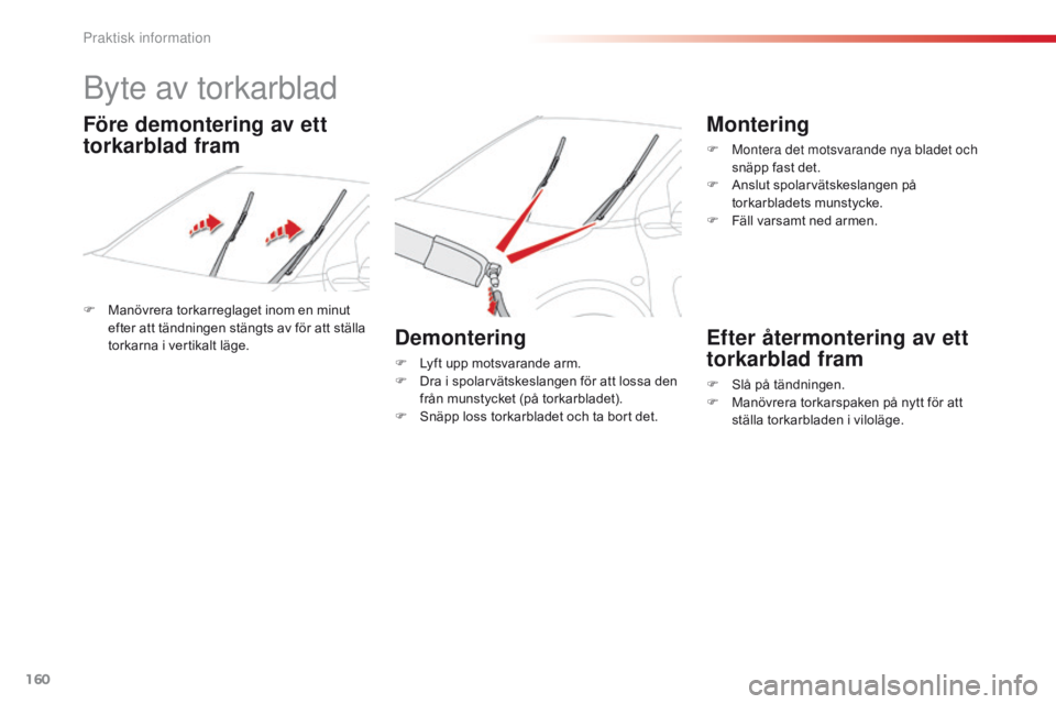 CITROEN C4 CACTUS 2016 InstruktionsbÖcker (in Swedish) 160
C4-cactus_sv_Chap07_info-pratiques_ed01-2015
Byte av torkarblad
F Manövrera torkarreglaget inom en minut efter att tändningen stängts av för att ställa
torkarna i vertikalt läge.
Demonterin CITROEN C4 CACTUS 2016 InstruktionsbÖcker (in Swedish) 160
C4-cactus_sv_Chap07_info-pratiques_ed01-2015
Byte av torkarblad
F Manövrera torkarreglaget inom en minut efter att tändningen stängts av för att ställa
torkarna i vertikalt läge.
Demonterin