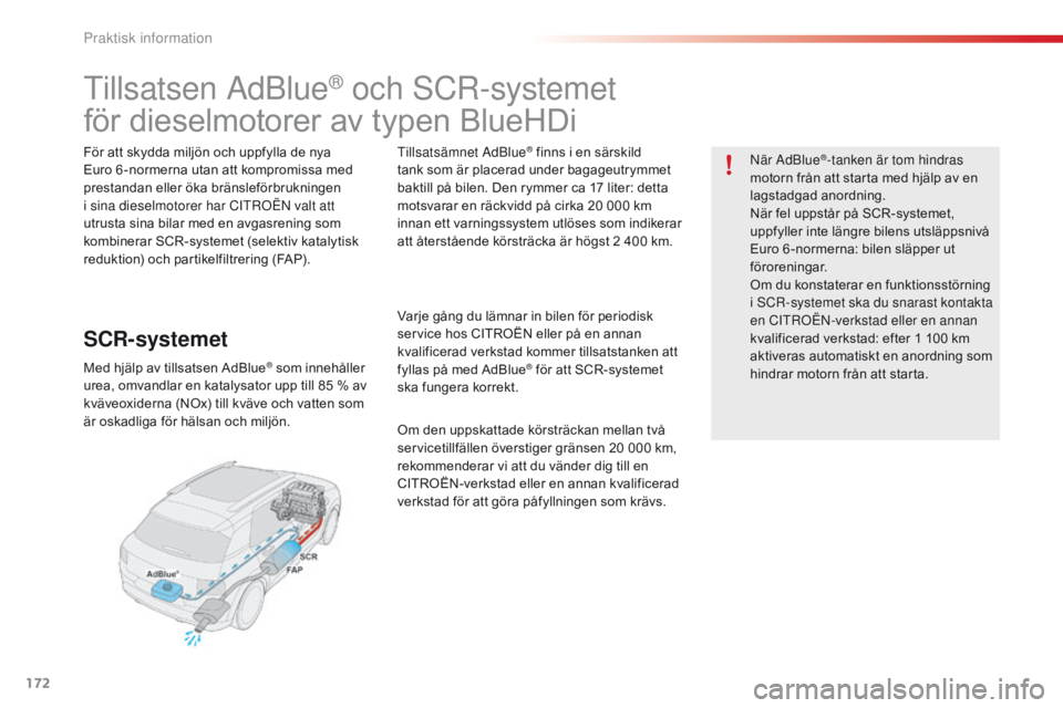 CITROEN C4 CACTUS 2016 InstruktionsbÖcker (in Swedish) 172
C4-cactus_sv_Chap07_info-pratiques_ed01-2015
tillsatsen AdBlue® och SCr-systemet
för dieselmotorer av typen BlueHDi
För att skydda miljön och uppfylla de nya
Euro 6 -normerna utan att komprom CITROEN C4 CACTUS 2016 InstruktionsbÖcker (in Swedish) 172
C4-cactus_sv_Chap07_info-pratiques_ed01-2015
tillsatsen AdBlue® och SCr-systemet
för dieselmotorer av typen BlueHDi
För att skydda miljön och uppfylla de nya
Euro 6 -normerna utan att komprom