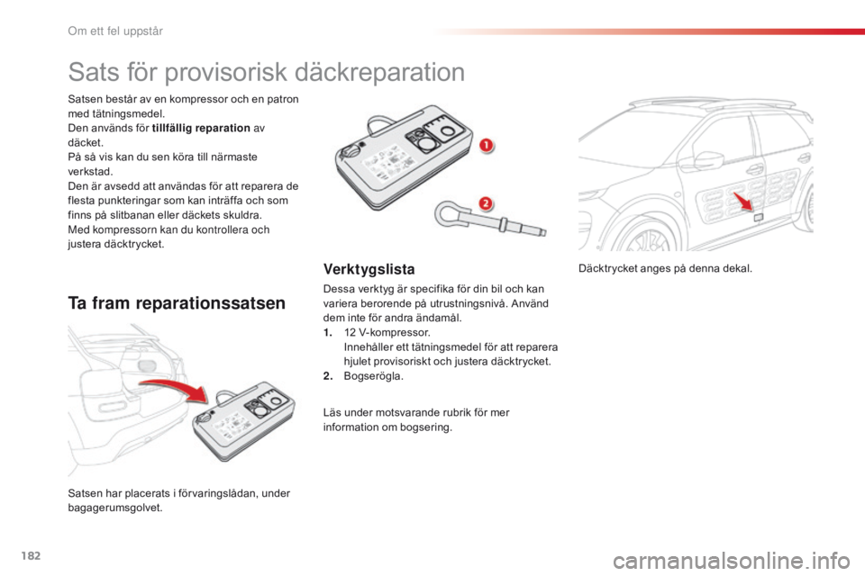 CITROEN C4 CACTUS 2016 InstruktionsbÖcker (in Swedish) 182
C4-cactus_sv_Chap08_En-cas-de-panne_ed01-2015
Däcktrycket anges på denna dekal.
Satsen har placerats i förvaringslådan, under
bagagerumsgolvet. Satsen består av en kompressor och en patron
CITROEN C4 CACTUS 2016 InstruktionsbÖcker (in Swedish) 182
C4-cactus_sv_Chap08_En-cas-de-panne_ed01-2015
Däcktrycket anges på denna dekal.
Satsen har placerats i förvaringslådan, under
bagagerumsgolvet. Satsen består av en kompressor och en patron